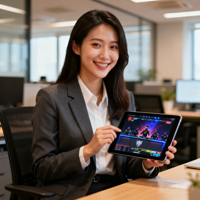 一位身穿职业装的年轻女性白领在公司午休时间手持平板电脑观看电竞赛事直播，脸上露出自然愉悦的笑容。